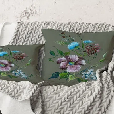 Design Art Square,purple And Turquoise Spring Flowers - Traditional Printed Throw Pillow In Green