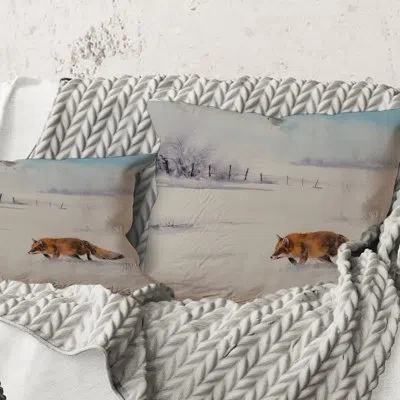 Design Art Square,red Fox Running In White Snow I - Farmhouse Printed Throw Pillow In Orange