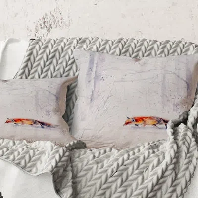 Design Art Square,red Fox Running In White Snow Ii - Farmhouse Printed Throw Pillow In Orange