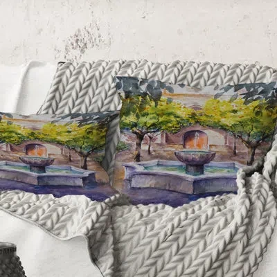 Design Art Square,small Fountain Picture With Trees In The Village - Country Printed Throw Pillow In Green
