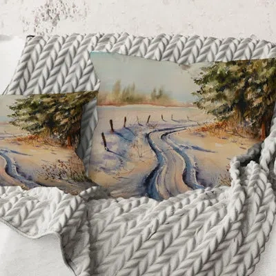 Design Art Square,snowy Winter Forest Landscape Country Road In Snow - Traditional Printed Throw Pillow In White
