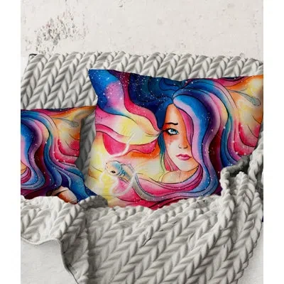 Design Art Square,the Girl With The Glowing Hair - Modern Printed Throw Pillow In Yellow;pink