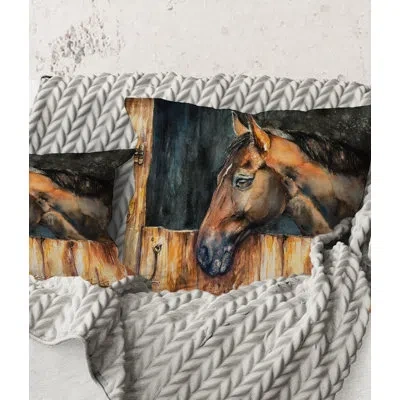 Design Art Square,the Head Of A Horse In Stable - Farmhouse Printed Throw Pillow In Brown