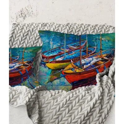 Design Art Square,three Boats In The Harbor - Nautical & Coastal Printed Throw Pillow In Blue;orange