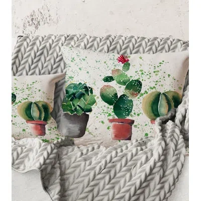 Design Art Square,three Cacti In Clay Pots - Traditional Printed Throw Pillow In White;green