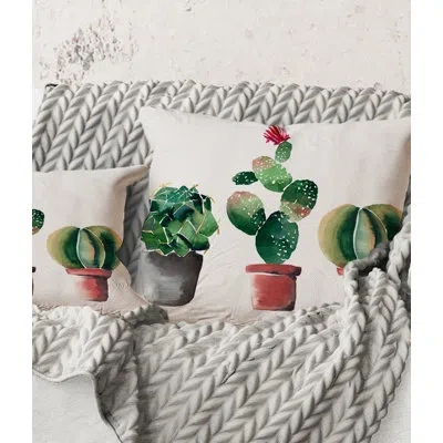 Design Art Square,three Cactus In Clay Pots - Traditional Printed Throw Pillow In White;green