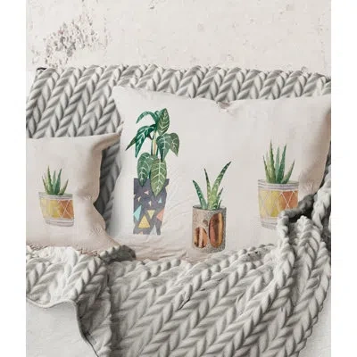 Design Art Square,three Potted Houseplants - Traditional Printed Throw Pillow In White;green