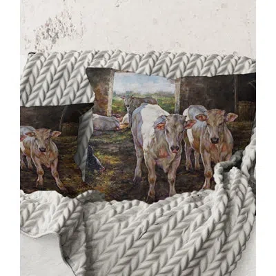 Design Art Square,two Cows In The Stable - Farmhouse Printed Throw Pillow In Brown