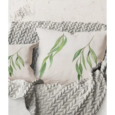 Design Art Square,two Willow Branches - Farmhouse Printed Throw Pillow In White;green