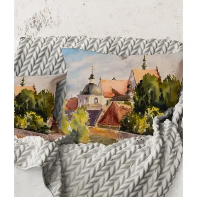 Design Art Square,view Of Old Polish City In Nature - Traditional Printed Throw Pillow In Green