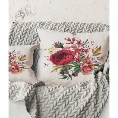 Design Art Square,vintage Burgundy Rose And Wildflowers - Farmhouse Printed Throw Pillow In Red;pink