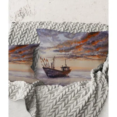 Design Art Square,wooden Fishing Boat On The Baltic Shore - Nautical & Coastal Printed Throw Pillow In Gray