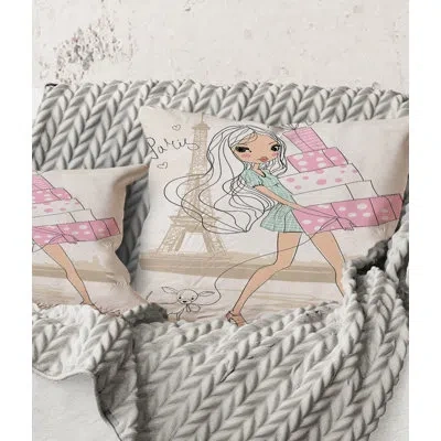 Design Art Square,young Girl With Shopping Boxes In Paris - Shabby Elegance Printed Throw Pillow In Pink