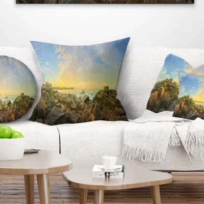 Design Art Sri Lanka Romantic Beach Panorama - Sea & Shore Printed Pillow In Blue
