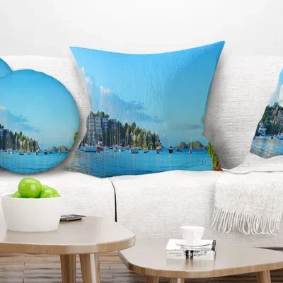 Design Art St John Bay Panoramic View - Sea & Shore Printed Pillow In Blue