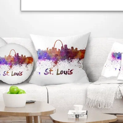 Design Art St Louis Skyline - Cityscape Printed Throw Pillow In Yellow;purple