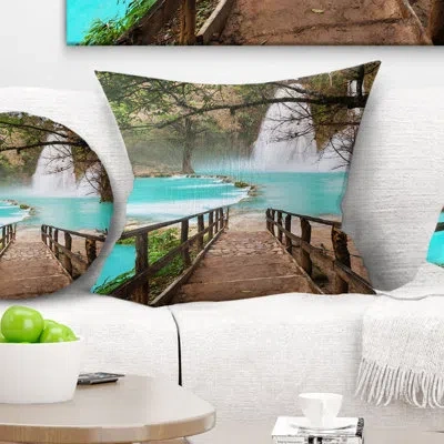 Design Art Stairway Into Beautiful Waterfall - Landscape Printed Pillow In Green