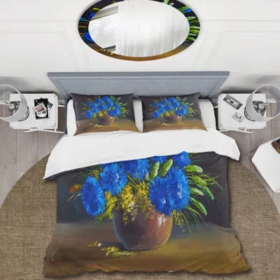 Design Art Still Life A Bouquet Of Blue Wildflowers - Traditional Duvet Cover Set - Microfiber Polyester