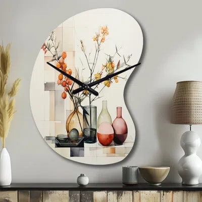 Design Art Still Life Arrange I - Still Lifes Unique Shape Metal Wall Clock, Coral Asymmetrical Clock Print In Orange