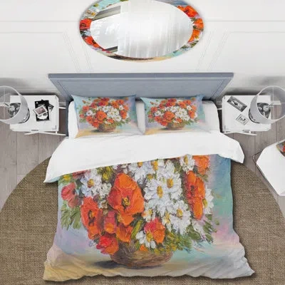 Design Art Still Life Bouquet Of Poppies And Daisies - Traditional Duvet Cover Set - Microfiber Polyester In Red,white