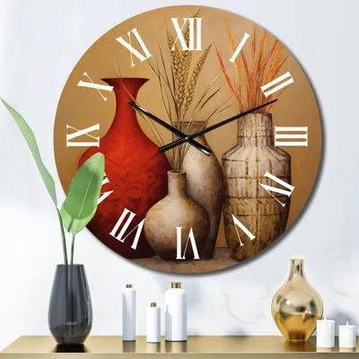 Design Art Still Life Red Gold Vase With Wheat Flowers Wall Clock In Brown;red