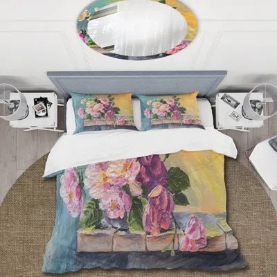 Design Art Still Life With Pink Flowers - Traditional Duvet Cover Set - Microfiber Polyester In Pink,blue,orange