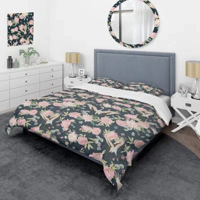 Design Art Storks And Blooming Peonies - Floral Duvet Cover Set - Microfiber Polyester In Black,pink