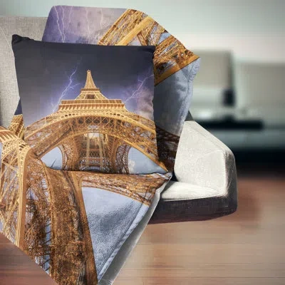 Design Art Storm Above Paris Paris Eiffel Towerin Paris - Cityscape Printed Pillow In Blue;white