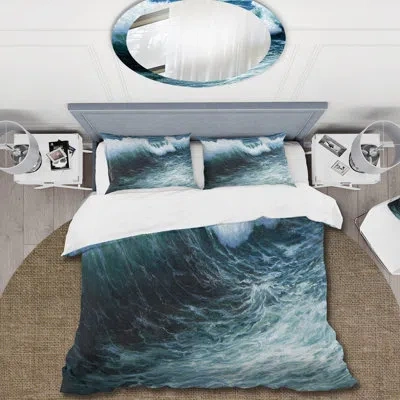 Design Art Storm Waves In The Ocean - Nautical & Coastal Duvet Cover Set - Microfiber Polyester In Blue,black