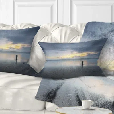 Design Art Stormy And Dark Sea Sunset - Sea & Shore Printed Throw Pillow In Grey