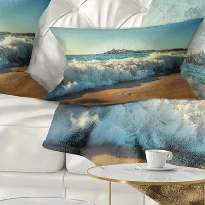 Design Art Stormy Waves Hitting Beach Sand - Sea & Shore Printed Pillow In Blue;black;brown;green;red;yellow