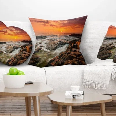 Design Art Stormy Waves Rushing Into Rocks - Sea & Shore Printed Pillow In Blue;black;brown;green;red;yellow