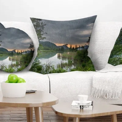 Design Art Stormy Weather Over Swamp - Landscape Printed Pillow In Blue;black;brown;green;red;yellow