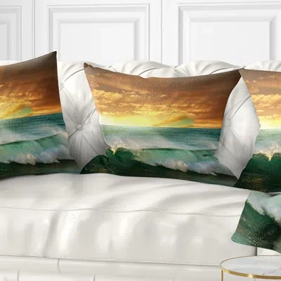 Design Art Stormy White Wave In Blue Sea - Sea & Shore Printed Throw Pillow