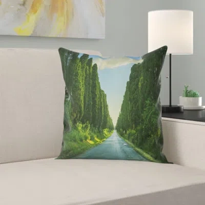 Design Art Straight Cypress Trees Boulevard - Landscape Printed Throw Pillow In Green