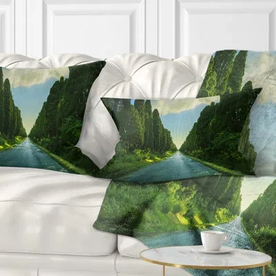 Design Art Straight Cypress Trees Boulevard - Landscape Printed Throw Pillow In Green