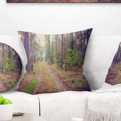 Design Art Straight Pathway In Thick Forest - Forest Printed Pillow In Brown