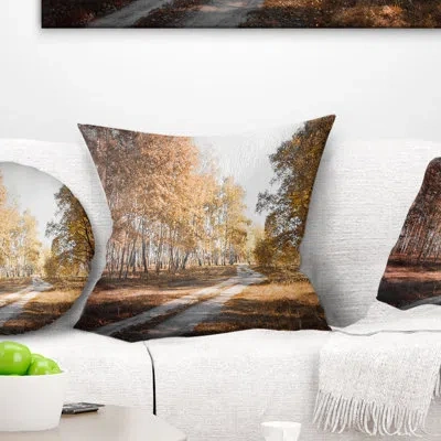 Design Art Straight Road In Fall Birch Grove - Forest Printed Pillow In Brown