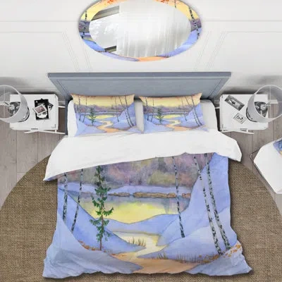 Design Art Stream In The Winter Forest Ii - Lake House Duvet Cover Set - Microfiber Polyester In Pueple,beige