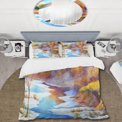 Design Art Stream In Winter Forest Valley - Lake House Duvet Cover Set - Microfiber Polyester In Blue,yellow