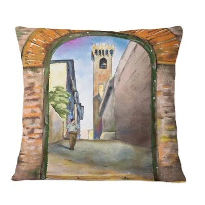 Design Art Street View Of A Medieval City In Italy - Mid-century Modern Printed Throw Pillow In Brown