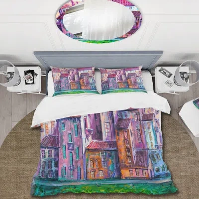 Design Art Street With Colorful Old Homes - Modern Duvet Cover Set - Microfiber Polyester In Green