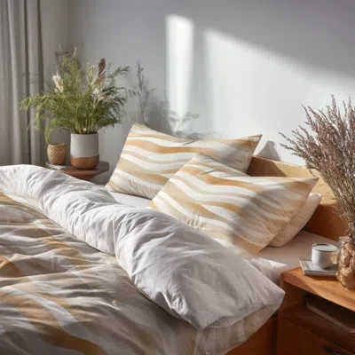 Design Art Striped 6 Pcs Comforter Set - Modern Beige And Orange Beige Waves Comforter Bedding Set In Orange;beige