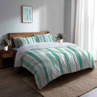 Design Art Striped Bedding Set 5 Pcs - Coastal Mint Breeze Stripes Duvet Cover And Throw Pillow Set In White;green