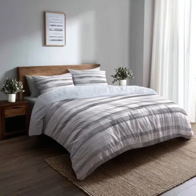 Design Art Striped Bedding Set- Modern Gray And White Mist Stripes Duvet Cover And Throw Cushion Set In White;gray