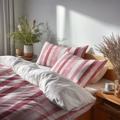 Design Art Striped Bedding Set Of 4 Pcs - French Country Pink Ink Stripes Bed Comforter Set In Red;pink