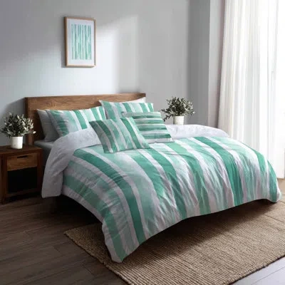 Design Art Striped Bedding Set Of 6 - Coastal Mint Breeze Stripes With Shams And Throw Pillows In Green;white