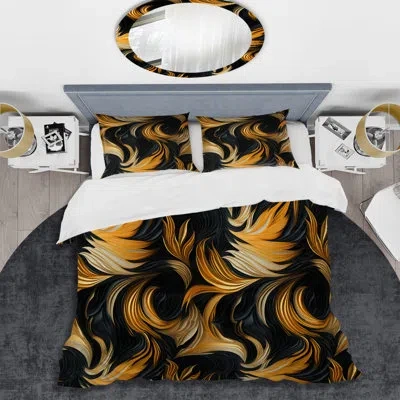 Design Art Striped Bengals - Abstract Duvet Cover Set - Microfiber Polyester In Black;gold