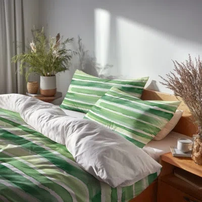 Design Art Striped Comforter Set 6 Pcs - Country Farmhouse Green And White Meadow Stripes Bedding And Throw Pil In Green;white