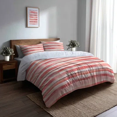 Design Art Striped Comforter Set 6 Pcs - French Country Pink And Beige Stripes Comforter Bedding Set In Pink;beige